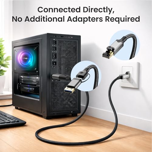 2-IN-1 Ethernet to USB A/C Cable Adapter, USB 3.0 to Ethernet Cable - 6.6FT, USB C to RJ45 Gigabit Network Adapter for Laptop, Compatible with MacBook/Surface/iPad Pro/Phone, Windows 11/10/8/7, Mac OS - size: 6.6FT