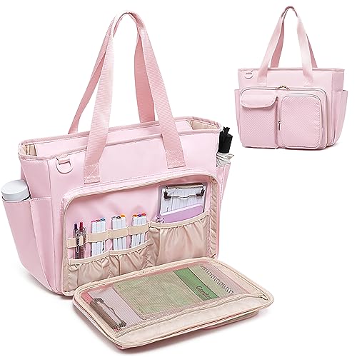 Fasrom Teacher Tote Bag, Teacher Work Bag with 15.6 Inch Laptop Compartment | Multiple Pockets for Teaching Supplies, Large Handbag for Books, Files and Classroom Essentials, Pink - color: Pink