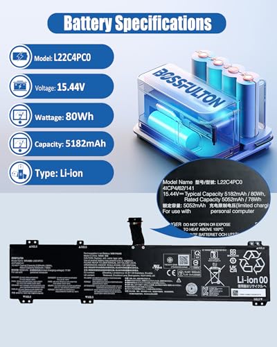 80Wh 4-Cell L22C4PC0 L22M4PC0 Battery Replacement for Lenovo Legion Pro 5-16ARX8 16IRX8 16IRX9 Pro 7-16ARX8H 16IRX8 16IRX8H 16IRX9H Series L22B4PC0 L22D4PC0 L22X4PC0 5182mAh - size: 12.24*3.11*0.31 IN L22C4PC0