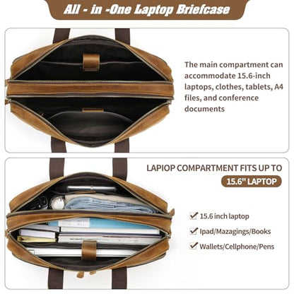 Jack&Chris Genuine Leather Briefcases for Men,15.6" Laptop Compartment Mens Laptop Messenger Bag - color: Mb005-light Brown-double