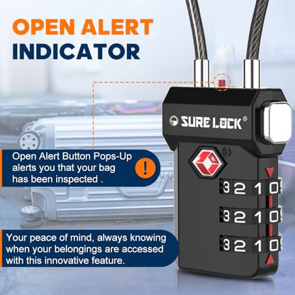 SURE LOCK TSA Approved Luggage Locks with Open Alert Indicator, 3 Digit Combination Cable Travel Lock for Suitcase, Backpack, Gym Locker, Toolbox, Carry On & Travel Bag - color: BLACK 4 PACK