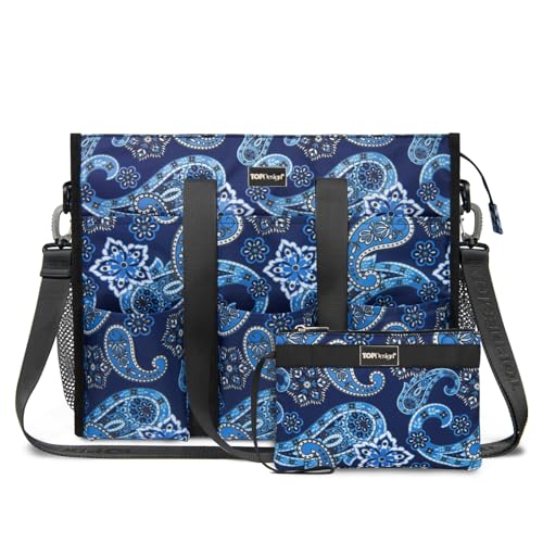 TOPDesign Utility Water Resistant Tote Bag with 22 Pockets, Top Zipper Closure & Thick Bottom Support, for Working Women - color: Blue Bandanna, size: Large