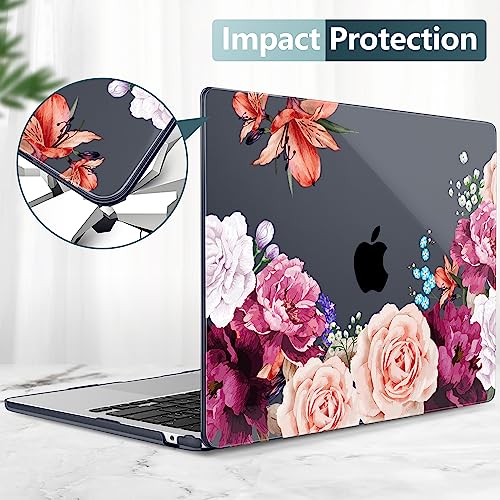 TWOLSKOO for MacBook Air 13 inch Case M5 2026 M4 2025 M3 M2 2024-2022 A3449 A3240 A3113 A2681, Plastic Hard Shell & Keyboard Cover & Screen Film for MacBook Air 13.6 inch Case, Black Peony - color: Black Peony