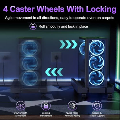 Adjustable Computer Tower Stand with Cooler Fan and Light, PC Stand for Floor, Mobile CPU Holder with 4 Caster Wheels Fits Most PC Tower, Under Desk CPU Holder for Office,Gamers and Students - style: With Fan