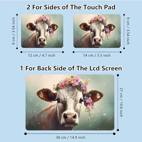 Universal Laptop Skin Sticker with 2 Wrist Pad Skins, Waterproof Scratch Resistant Vinyl Laptop Cover Decal, Cut to Fit for 11–15.6 Inch MacBook HP Dell Lenovo, Cow with Flower - color: Cow with Flower