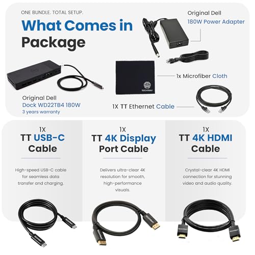 Dell WD22TB4 Thunderbolt 4 Dock 180W - 40Gbps, 3-Year Warranty, USB-C/USB-A Dell Docking Station with 180W Adapter + Techtray Cables & Cloth - Supports Dual/Triple Monitor & 4K Displays (New)