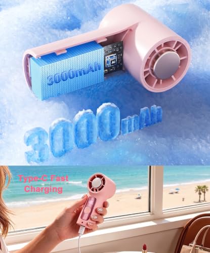 Portable Handheld Mini Fan with Ice Cooling Plate, Personal Clip On Turbo Fan Rechargeable, 18000 RPM 6 Speeds, 360° Detachable Clip, Pocket AC Fans Blow Cold Air for Beach Car Stroller Travel Makeup - color: Pink