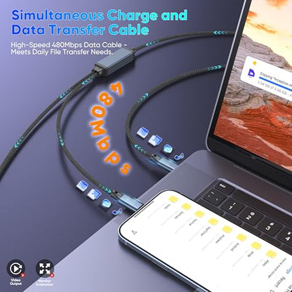 USB C to USB C 2 in 1 Multi Charging Cable 4FT, 140W Fast Charge USB-C Splitter Chargering Cable with 2 Type C Ports for iPhone 17/16/15 Series, Samsung Galaxy S25, iPad, MacBook Air/Pro, Lenovo