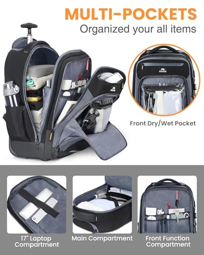 MATEIN Rolling Backpack with Wheels, 17" Roller Carry On Luggage for Travel | 2 in 1 Convertible, Fits 17 Inch Laptop, Flight Approved, Anti Theft, Water Resistant, Wheeled Bookbag for College School