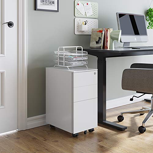 DEVAISE Slim File Cabinet with Lock, 3 Drawer Mobile Filing Cabinet for Legal/Letter/A4 Size, Fully Assembled Except Wheels, White - color: White, size: 17"D x 12"W x 24"H
