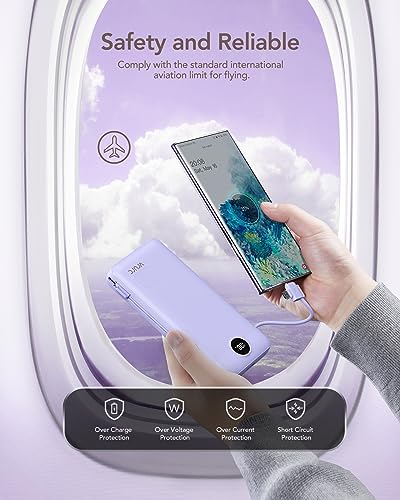 VRURC Portable Charger 20000mAh, Fast Charging Power Bank USB C,4 Output 2 Input Travel Essentials Charging Bank Equipped with LED Display,Built-in Wall Plug and Cables,Phone Charger Battery,Purple - color: Purple