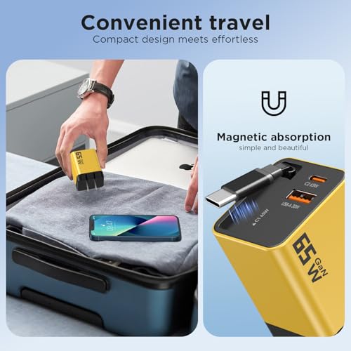 65W GaN USB C Charger with Retractable Charging Cable, 3-Port Power Adapter | Fast travel charger for MacBook, iPhone 17 16 15, Samsung Galaxy S25/S24, iPad, multi port compact wall charging block,Yellow - color: Yellow