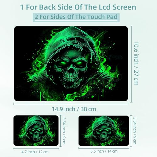 Universal Laptop Skin Decal, 3-Piece Vinyl Protector for 12 13 14 15.6" Notebook, Waterproof Anti-Scratch, Easy Trim & Bubble-Free Finish, Green Fire Skull in Hood - color: Green Fire Skull in Hood