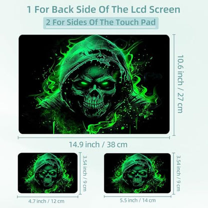 Universal Laptop Skin Decal, 3-Piece Vinyl Protector for 12 13 14 15.6" Notebook, Waterproof Anti-Scratch, Easy Trim & Bubble-Free Finish, Green Fire Skull in Hood - color: Green Fire Skull in Hood