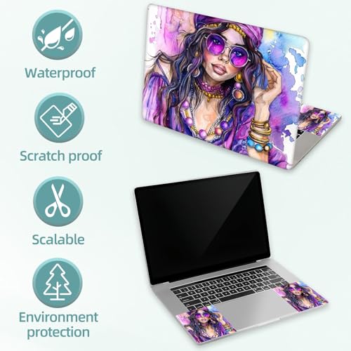 Universal Laptop Skin Decal, 3-Piece Vinyl Protector for 12 13 14 15.6" Notebook, Waterproof Anti-Scratch, Easy Trim & Bubble-Free Finish, Elegant Young Hippie Woman in Purpl - color: Elegant Young Hippie Woman in Purpl