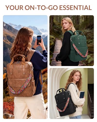 Leather Laptop Backpack 15.6 inch Womens Computer Bag Camel | 3-in-1 laptop purse: Dedicated 15.6" Compartment, 7-Pocket Organizer, Colorful Shoulder Strap, Work & Travel Ready - color: Camel