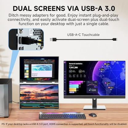 U16 Pro 16" Dual Portable Touchscreen Monitor, 1200P FHD Laptop Screen Extender with USB-A&C/HDMI, Foldable Travel Monitor for Laptop/Mac/PC/Windows, Single-Cable Dual-Screen, VESA Mountable