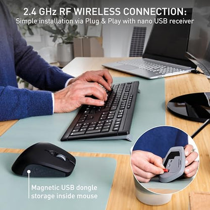 Cherry Stream Desktop Comfort, Wireless Keyboard and Mouse Combo, 2.4 GHz Connection, Whisper-Quiet Keys, Ergonomic Right-Handed Mouse, Battery-Powered, Black - color: Black, size: Desktop Combo