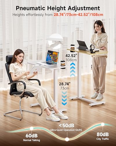 BIZUM Adjustable Bedside Table with Swivel Hidden Wheels Pneumatic Rolling Desk Mobile Standing Desk with Cup Holder for Hospital Home(31.5"x15.8" Maple) - color: Maple, size: 31.5"x15.8"