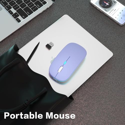 AIKOKOK Wireless Bluetooth Mouse, Rechargeable, Dual Mode Bluetooth 5.2 & 2.4G USB, LED Lights, Slim, Silent, Portable Computer Mouse for Laptop, PC, MacBook, iPad, Tablet (Purple) - color: Purple