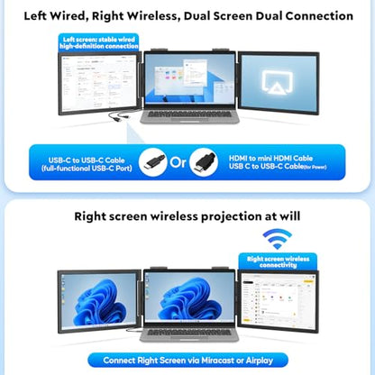 Wireless Triple Portable Monitor，Laptop Screen Extender 14", Wired Left Screen & Wireless Right Screen, 1080P FHD IPS Display Compatible with Mac M1 M2 M3 M4 Windows Android, Fits 14"-16" Laptops