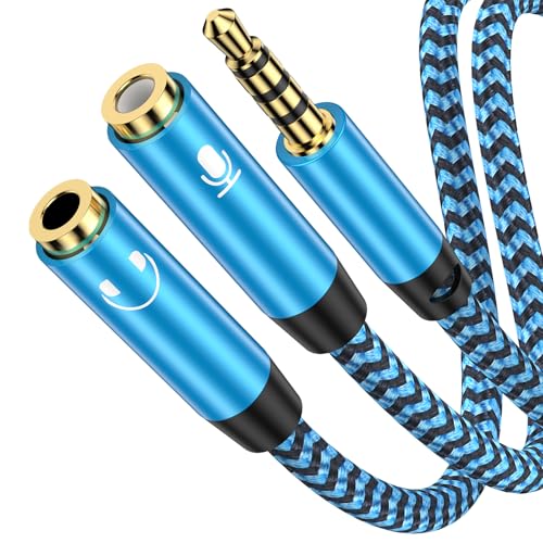 Headphone Splitter Adapter 3.5mm 2Female to Male Headset&MicrophoneSplitter | Audio Stereo Jack Aux Cable Cord for Earphones Compatible PS4 PS5 Xbox Switch PC Gaming Headsets Phone Tablet and More - color: blue