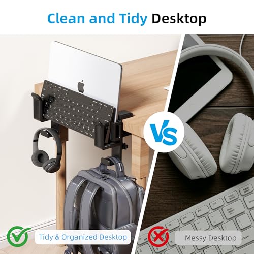 AFOOYO 2 Slot Vertical Laptop Stand, Desk Side Storage Organizer,No Drill Laptop Holder with Headphone Holder Compatible with 10-17” Laptops, Fits Flat Edge Tables 0.3" to 1.7"