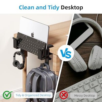 AFOOYO 2 Slot Vertical Laptop Stand, Desk Side Storage Organizer,No Drill Laptop Holder with Headphone Holder Compatible with 10-17” Laptops, Fits Flat Edge Tables 0.3" to 1.7"