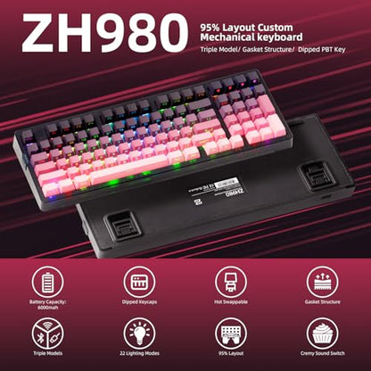 ZORNHER ZH980 Mechanical Keyboard Wireless,95% Pink Creamy Keyboard with Number Pad,Gaming Keyboard with Number Pad,Lighted Up PBT Keycaps,Creamy Sounding Linear Switches,Full Size - color: Blackberry, size: Creamy Switch