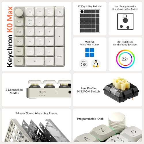 Keychron K0 Max QMK Wireless Custom Number Low-Profile RGB Backlit (Hot-Swappable) Banana Switch Keypad, 2.4 GHz & Bluetooth 5.3 Connection, 1000Hz Polling Rate - Retro Version - color: Banana Switch, size: Retro