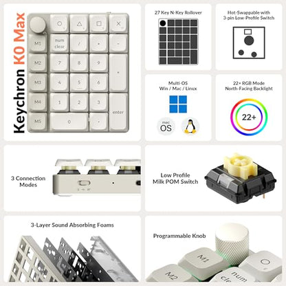 Keychron K0 Max QMK Wireless Custom Number Low-Profile RGB Backlit (Hot-Swappable) Banana Switch Keypad, 2.4 GHz & Bluetooth 5.3 Connection, 1000Hz Polling Rate - Retro Version - color: Banana Switch, size: Retro