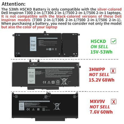 53Wh H5CKD 15V Battery Replacement for Dell Inspiron 5400 5406 7405 7300 | 7306 7500 7506 2-in-1 Silver 5300 5301 5401 5402 5408 5409 5501 5502 5508 5509 Series Latitude 3410 3510 Vostro 5300 5301 - size: 9.38*3.88*0.25inch H5CKD