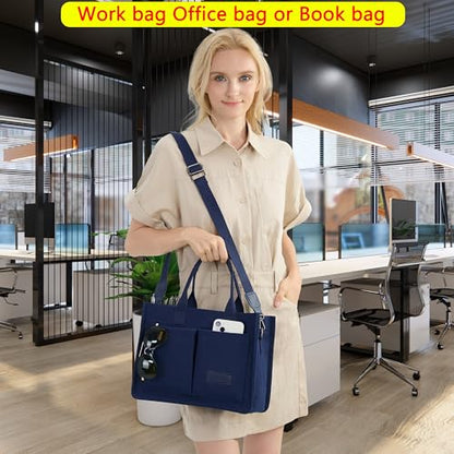 ZHMO Canvas Tote Bag for Women,Women's Bags Crossbody Bags Work Laptop Tote Bag Large Handbags Purse for Travel Nurse Teacher - color: Navy Blue With Compartments