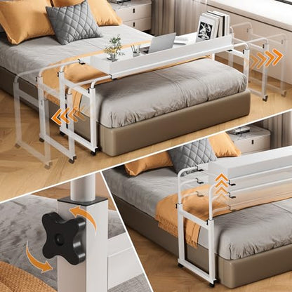 Adjustable Height Overbed Table, Rolling Overbed Bedside Desk with Raised Baffle and Spacious Desktop, Over BedTable with Wheels for Home Office Bedroom Hospital Use (White) - color: White