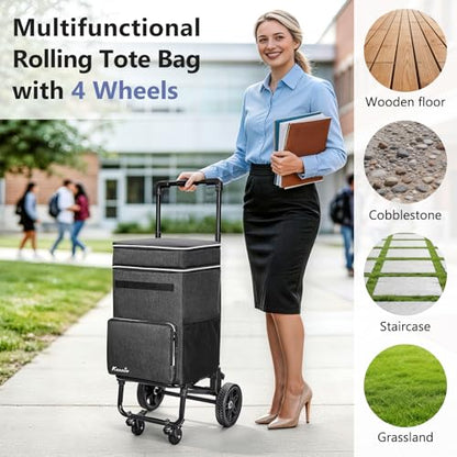 KEDSUM 2 in 1 Rolling Teacher Bag with Detachable Trolley, 2.12 Cu.Ft. 250LBS Rolling Tote Bag, Fits for 18" Laptop, Ideal for Teacher, Therapist & Crafter, 4 Big Wheels with Brake