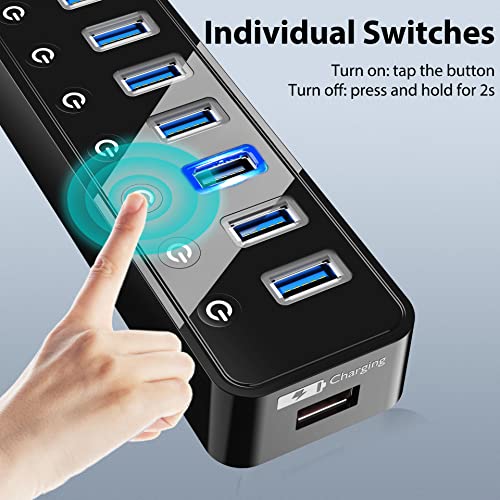 USB Hub 3.0 Powered, 7 Ports USB Data Hub Splitter with One Smart Charging Port and 5V/4A Powered Adapter and ON/Off Switches for MacBook, Mac Pro/Mini, iMac, Surface Pro Laptop/PC - color: black