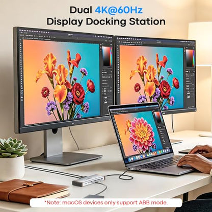 UANTIN 11-in-1 Docking Station Dual Mnoitor [Cable 3.3FT/1M] Dual HDMI 4K@60Hz, 5Gbps USB-A & C, 100W PD, Gigabit Ethernet, Audio, Aluminum Laptop Docking Station for Windows/Dell/HP/Lenovo/Asus