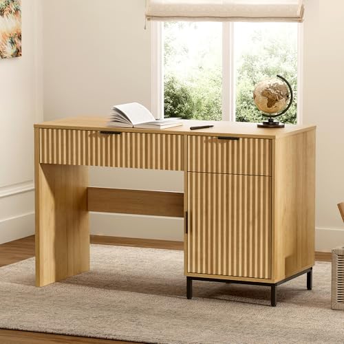 47" Fluted Executive Desk, Modern Wood Home Office Desk with Charging Station, Drawer & Cabinet, Computer Writing Desk for Work Study, Natural Oak - color: Natural Oak