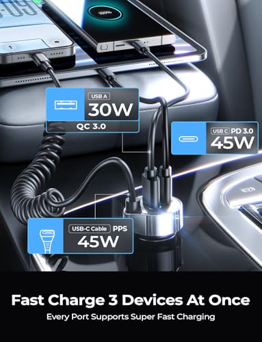 LISEN Car Charger with 45W Built-in USB-C 36 inch Coiled Cable, 90W Multi-Port Fast Charging Cigarette Lighter Adapter for iPhone 17/16/15 Pro Max, Samsung Galaxy S26 Ultra, Black | Car Charger USB C Fast Charge Adapter,Super Fast for Men Women, Car Acces
