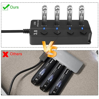 5FT 4-Port USB3.0 Expander Hub, USB 3.0 Fast Data Hub with Individual LED Power On/Off Switches, Portable USB Port Extender for PC, USB Flash Drives and More
