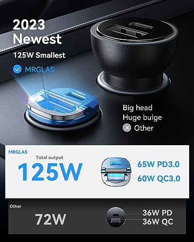 MRGLAS【Upgraded】 125W USB C Car Charger Super Fast Charging for iPhone 16 | [PD65W & QC60W][All Metal] Cigarette Lighter Car Charger,Dual Port for iPhone 16 15 Pro iPad Samsung S25 S24 MacBook-Blue - color: Blue