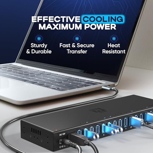 16-Port Powered USB 3.0 Hub, Desktop USB Expansion Hub with 5Gbps High-Speed Data Transfer, Aluminum USB Splitter for Multiple Devices, AC Power Adapter Included for PC and Laptop Use