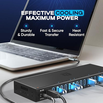 16-Port Powered USB 3.0 Hub, Desktop USB Expansion Hub with 5Gbps High-Speed Data Transfer, Aluminum USB Splitter for Multiple Devices, AC Power Adapter Included for PC and Laptop Use