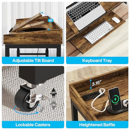 Tribesigns Height Adjustable Overbed Table with Wheels, Queen Size Over Bed Desk with Adjustable Tilt Stand, Mobile Laptop Cart Computer Desk with Outlets & USB Ports (Rustic Brown) - color: Rustic Brown