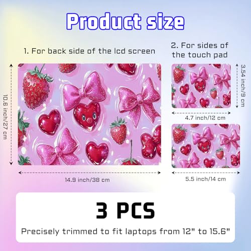 Universal Laptop Skin Sticker Decal, Compatible with MacBook HP Dell Lenovo 12"-15.6", Reusable Vinyl Notebook Cover 3PCS Set, High-Recognition Film-Coquette Strawberry Bow - color: Coquette Strawberry Bow