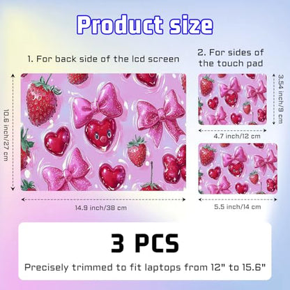 Universal Laptop Skin Sticker Decal, Compatible with MacBook HP Dell Lenovo 12"-15.6", Reusable Vinyl Notebook Cover 3PCS Set, High-Recognition Film-Coquette Strawberry Bow - color: Coquette Strawberry Bow
