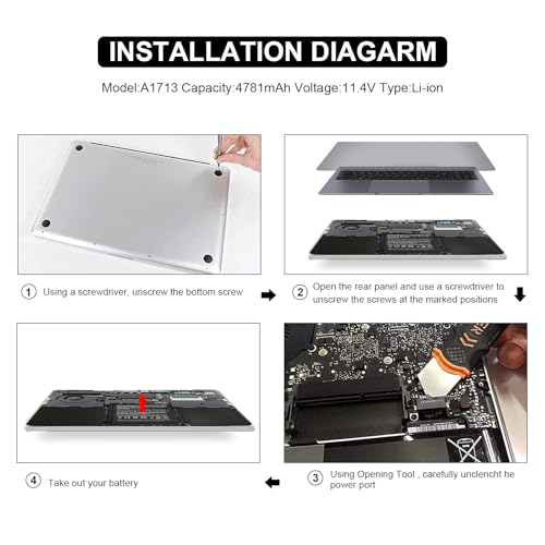 Futurebatt A1713 A1708 Battery for MacBook Pro 13 inch A1708（Late 2016，Mid 2017），MacBook Pro 13 1 MacBook Pro 14 1 EMC 2978 3164 MPXQ2LL MLL42LL MLUQ2LL MPXR2LL - size: A1713 14.61 6.73 0.98in