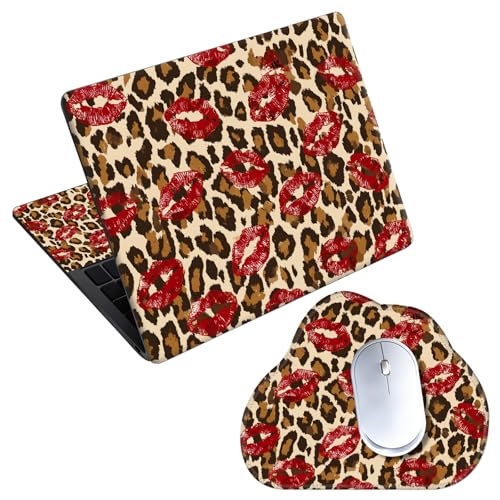 Laptop Skin Sticker Decal 15-15.6 Inch with Cute Mouse Pad, Universal Reusable Vinyl Sticker for 12.1 13 13.3 14 15.4 Inch Netbook and Notebook PC, Leopard Print Red Lips - color: Leopard Print Red Lips