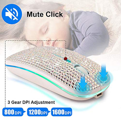 Bluetooth Mouse,Bling Dazzling 2.4GHz Rechargeable Wireless Mouse Slim Mouse with USB Receiver, Compatible with Notebook, PC, Laptop, Computer, MacBook,Great Present idea for Her (Pink) - color: Pink