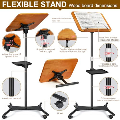2 in 1 Dual-use Music Stand & Desktop Book Stand, Adjustable Height 16.5"-51", 100% Solid Wood Laptop Floor Stand Book Holder with Elastic Page Clips for Cookbooks (Brown with Tray and Wheels) - color: Brown With Tray and Wheels